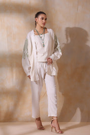 Women Green Cotton Flex Linen Blue Embroidery With Hand Work Co - Ord Set - Nyaro