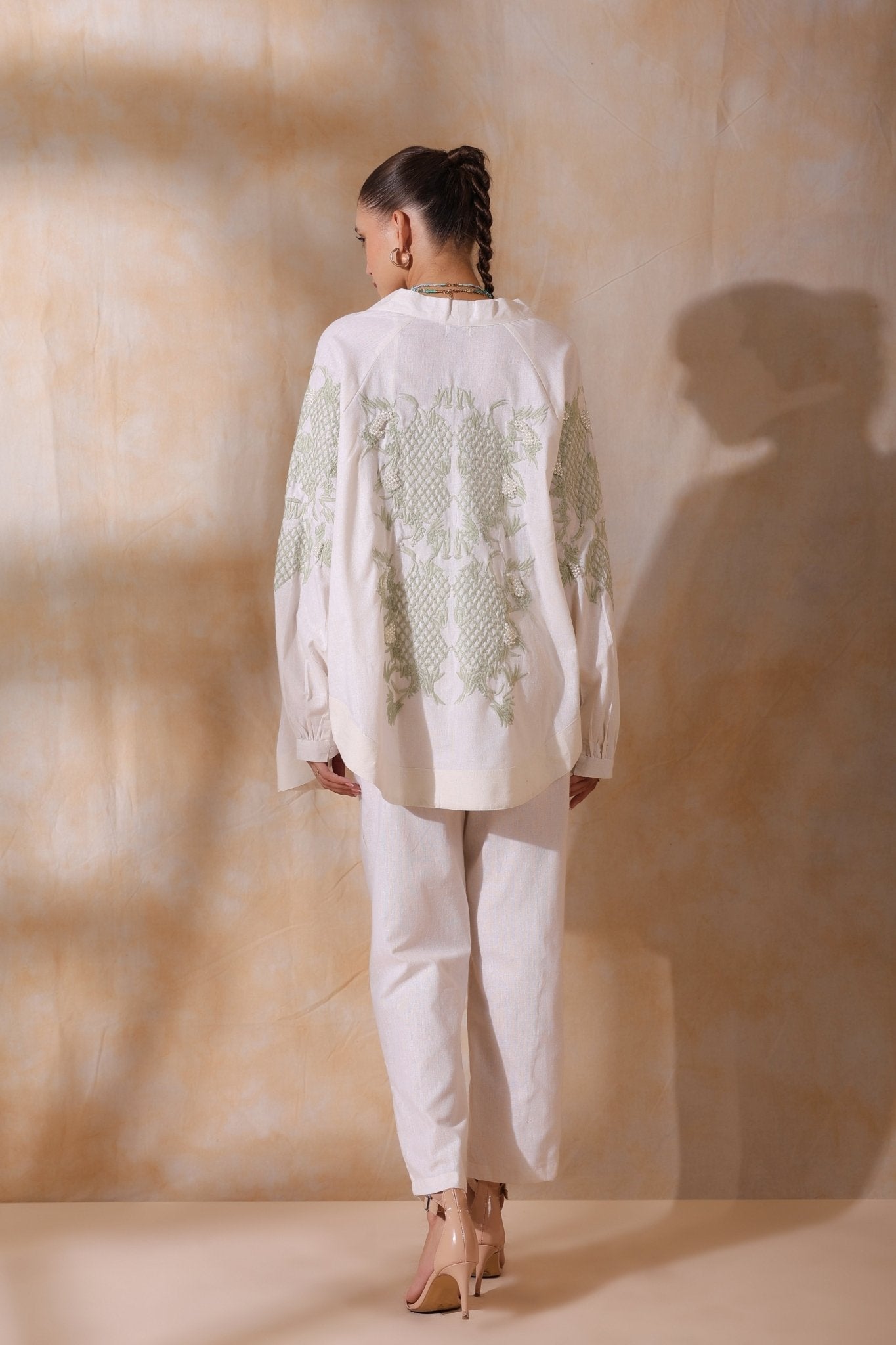 Women Green Cotton Flex Linen Blue Embroidery With Hand Work Co - Ord Set - Nyaro