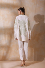 Women Green Cotton Flex Linen Blue Embroidery With Hand Work Co - Ord Set - Nyaro