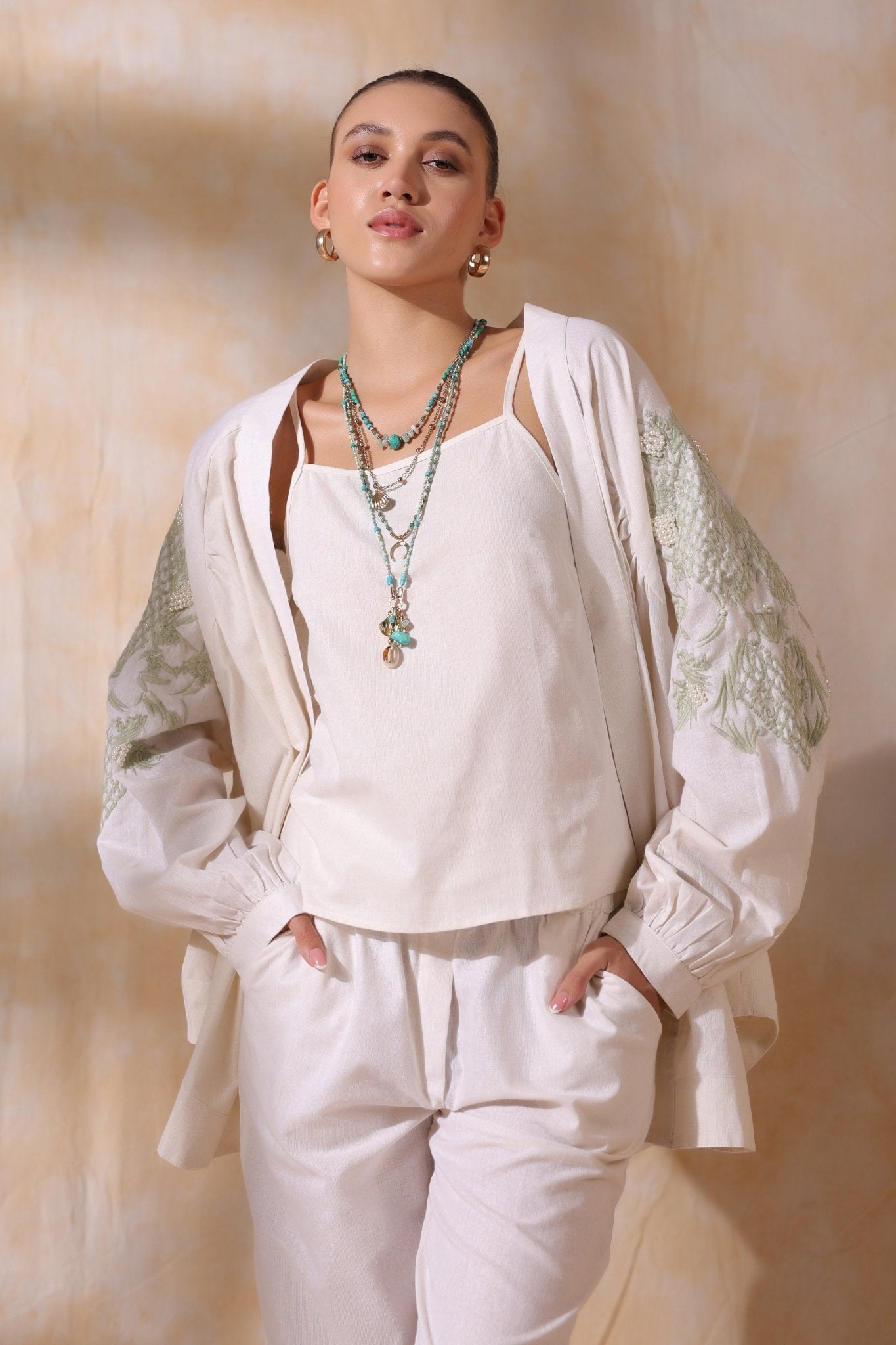 Women Green Cotton Flex Linen Blue Embroidery With Hand Work Co - Ord Set - Nyaro