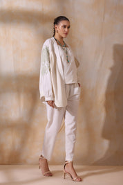 Women Green Cotton Flex Linen Blue Embroidery With Hand Work Co - Ord Set - Nyaro