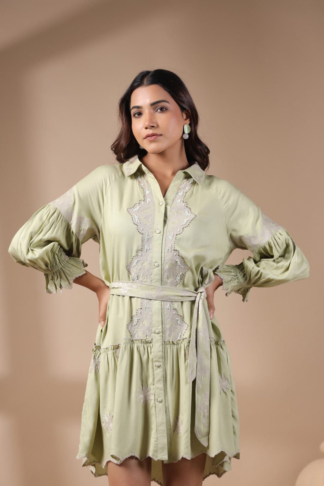 Women Green Rayon Viscose Solid Embroidery Dress - Nyaro