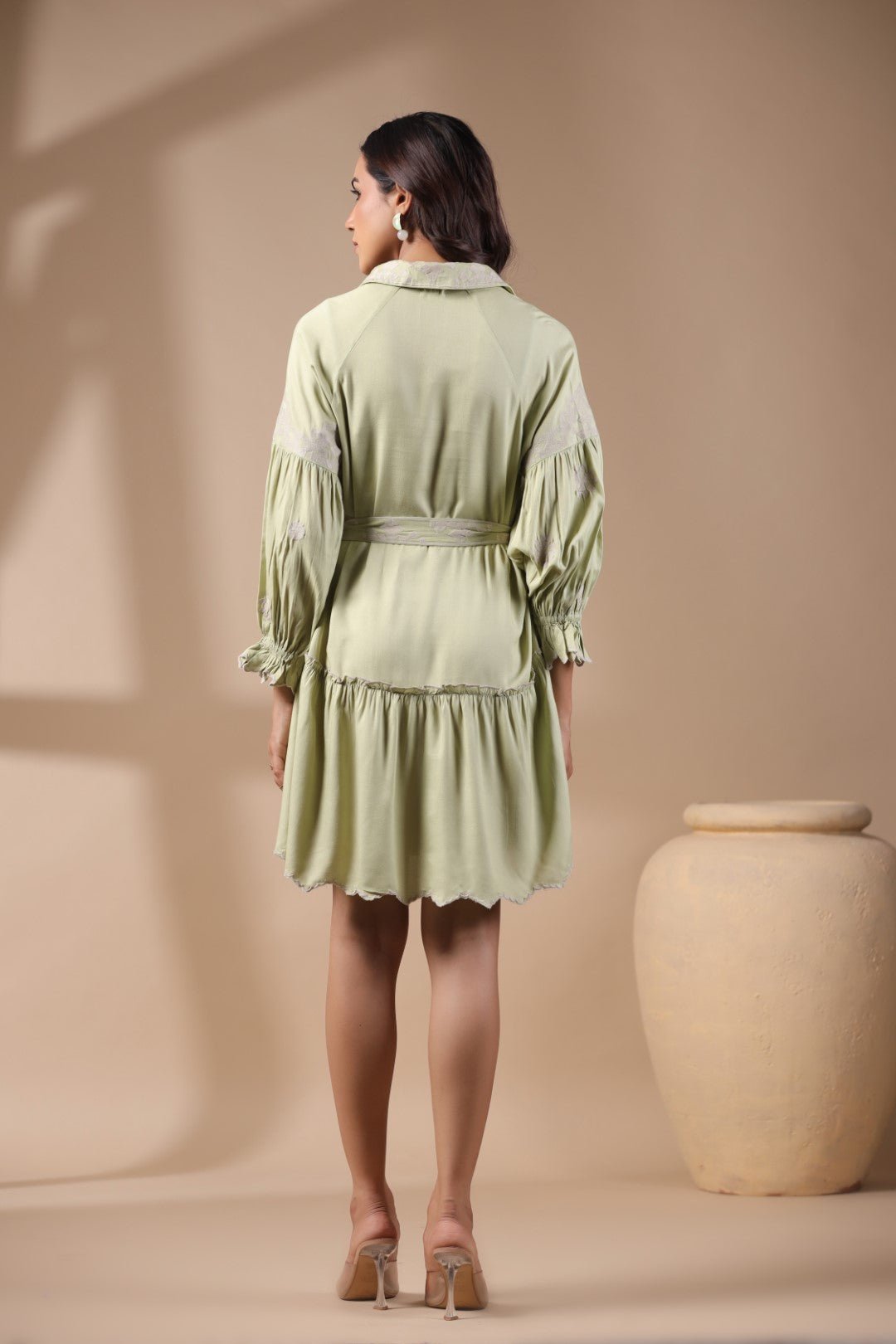 Women Green Rayon Viscose Solid Embroidery Dress - Nyaro