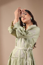 Women Green Rayon Viscose Solid Embroidery Dress - Nyaro