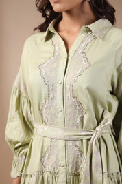 Women Green Rayon Viscose Solid Embroidery Dress - Nyaro