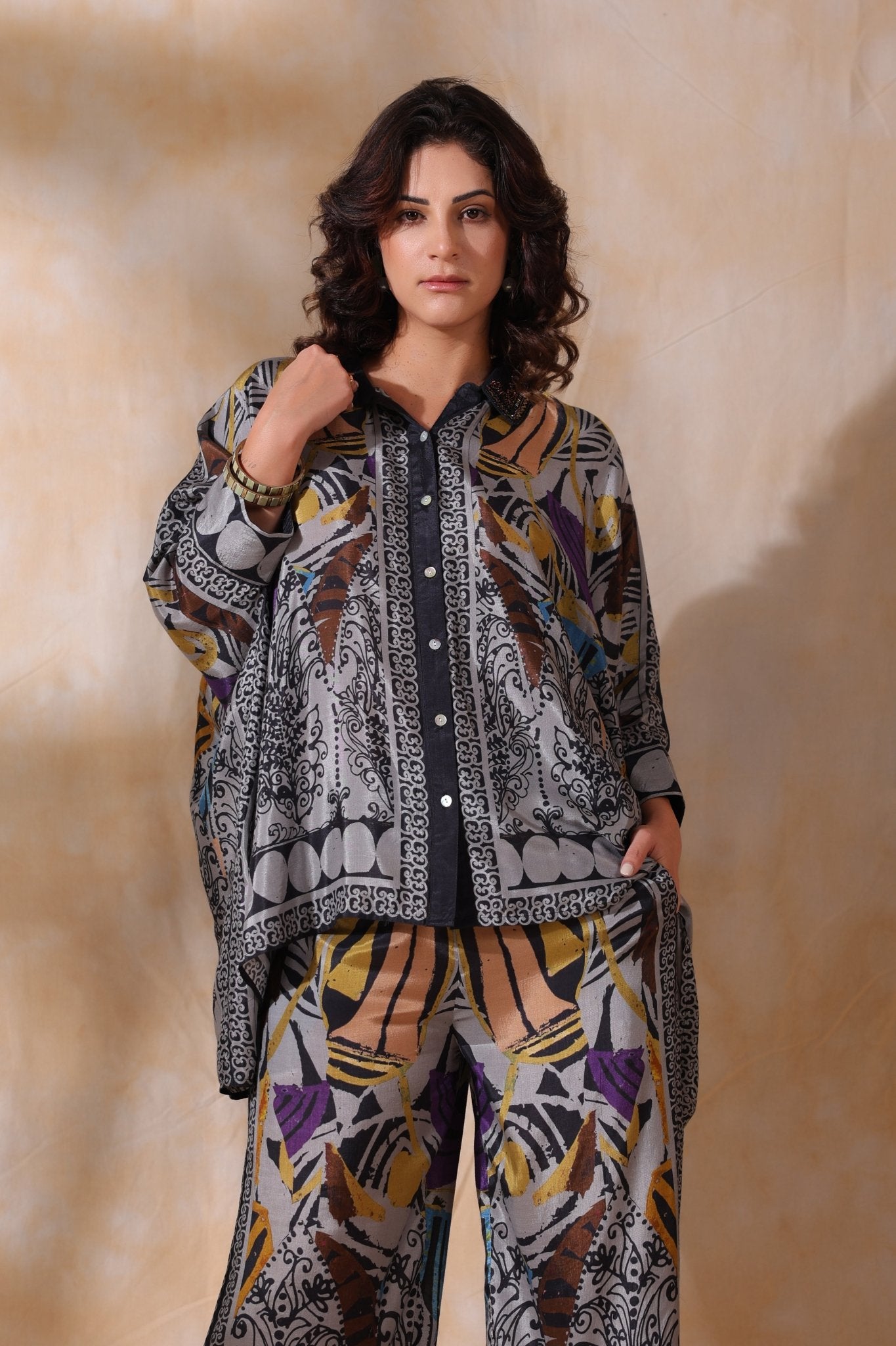 Women Grey Viscose Satin Floral Printed Co - Ord Set - Nyaro