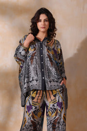 Women Grey Viscose Satin Floral Printed Co - Ord Set - Nyaro