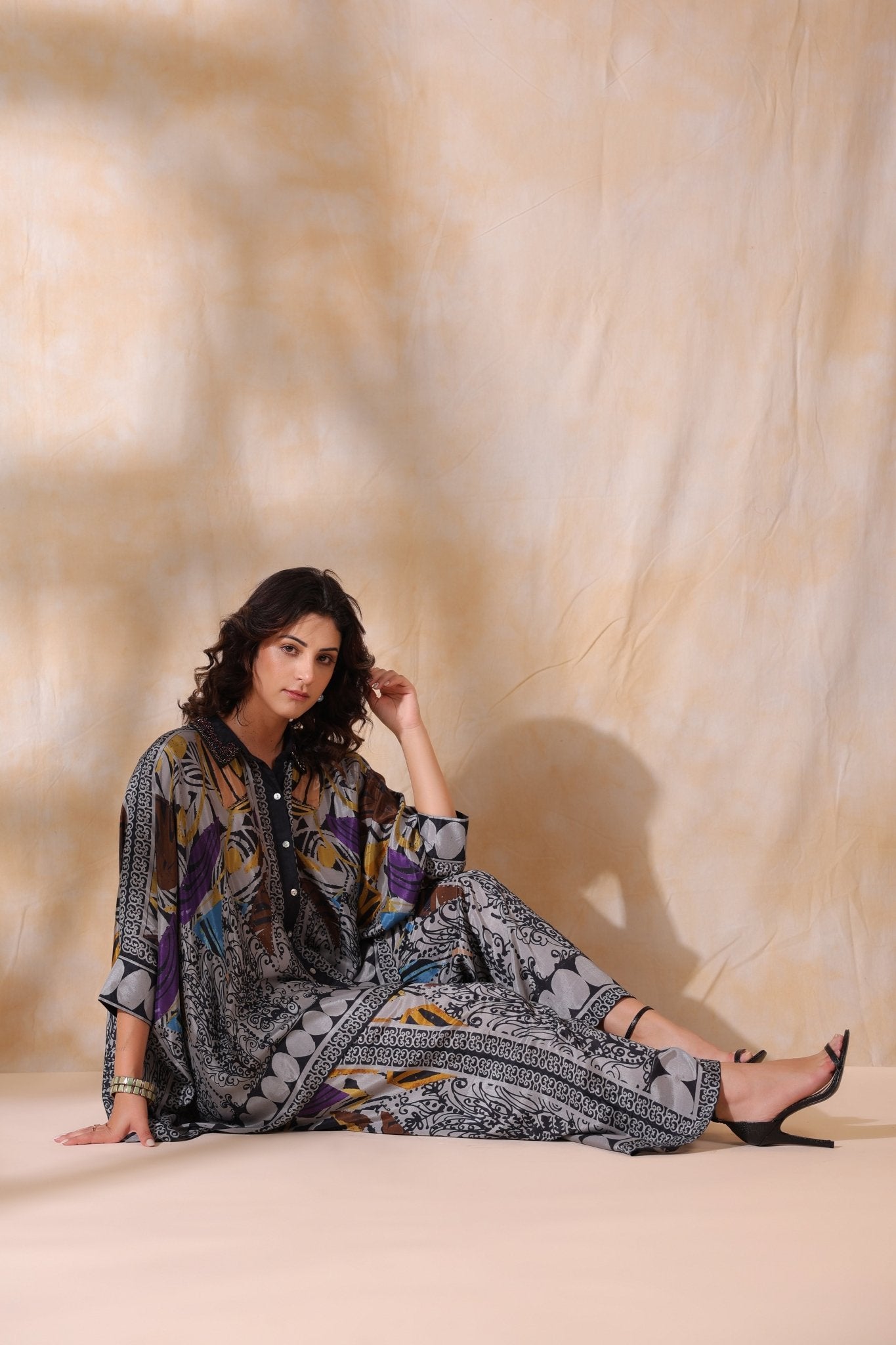 Women Grey Viscose Satin Floral Printed Co - Ord Set - Nyaro