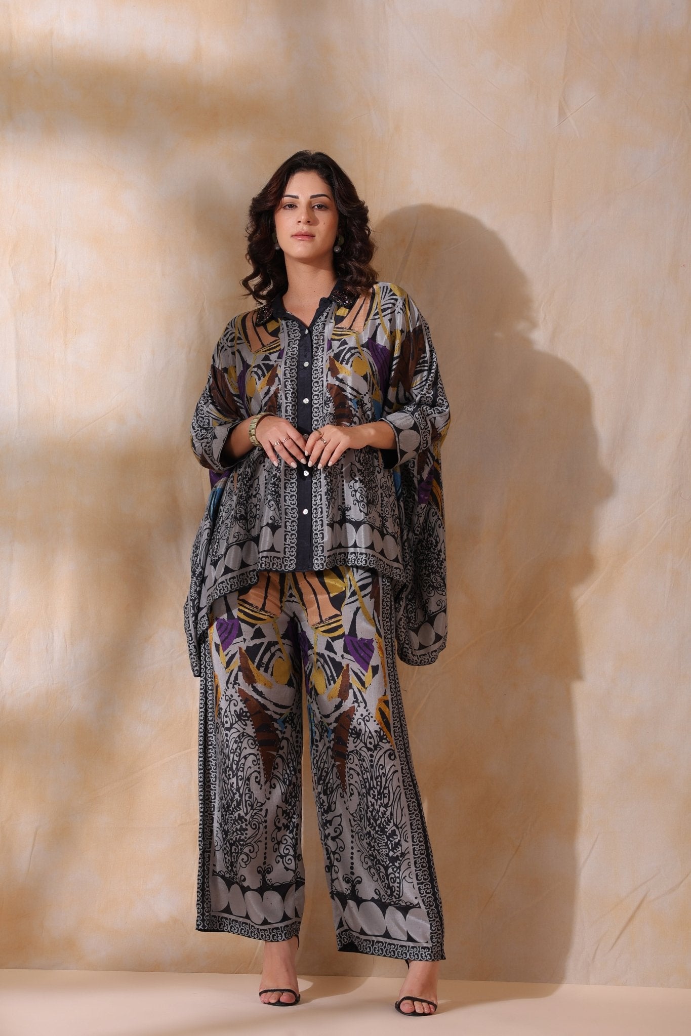 Women Grey Viscose Satin Floral Printed Co - Ord Set - Nyaro
