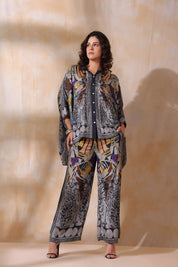 Women Grey Viscose Satin Floral Printed Co - Ord Set - Nyaro