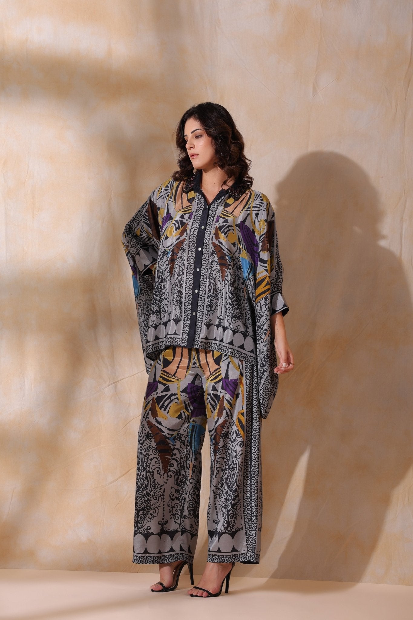 Women Grey Viscose Satin Floral Printed Co - Ord Set - Nyaro