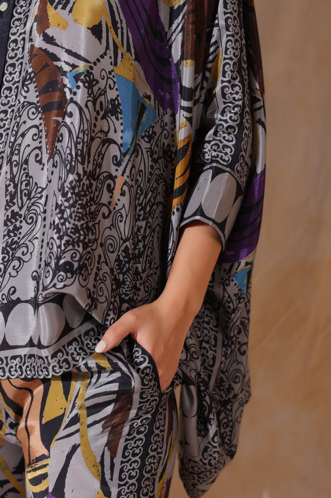 Women Grey Viscose Satin Floral Printed Co - Ord Set - Nyaro