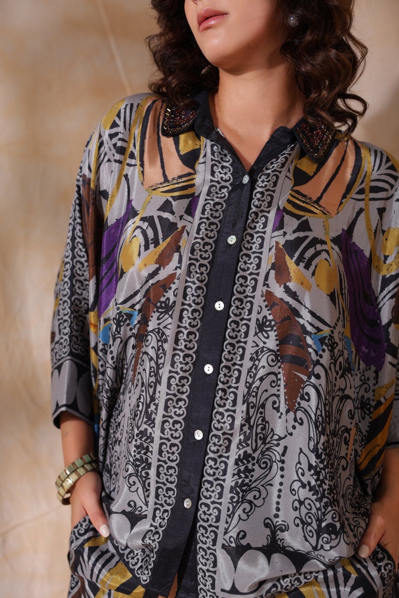 Women Grey Viscose Satin Floral Printed Co - Ord Set - Nyaro