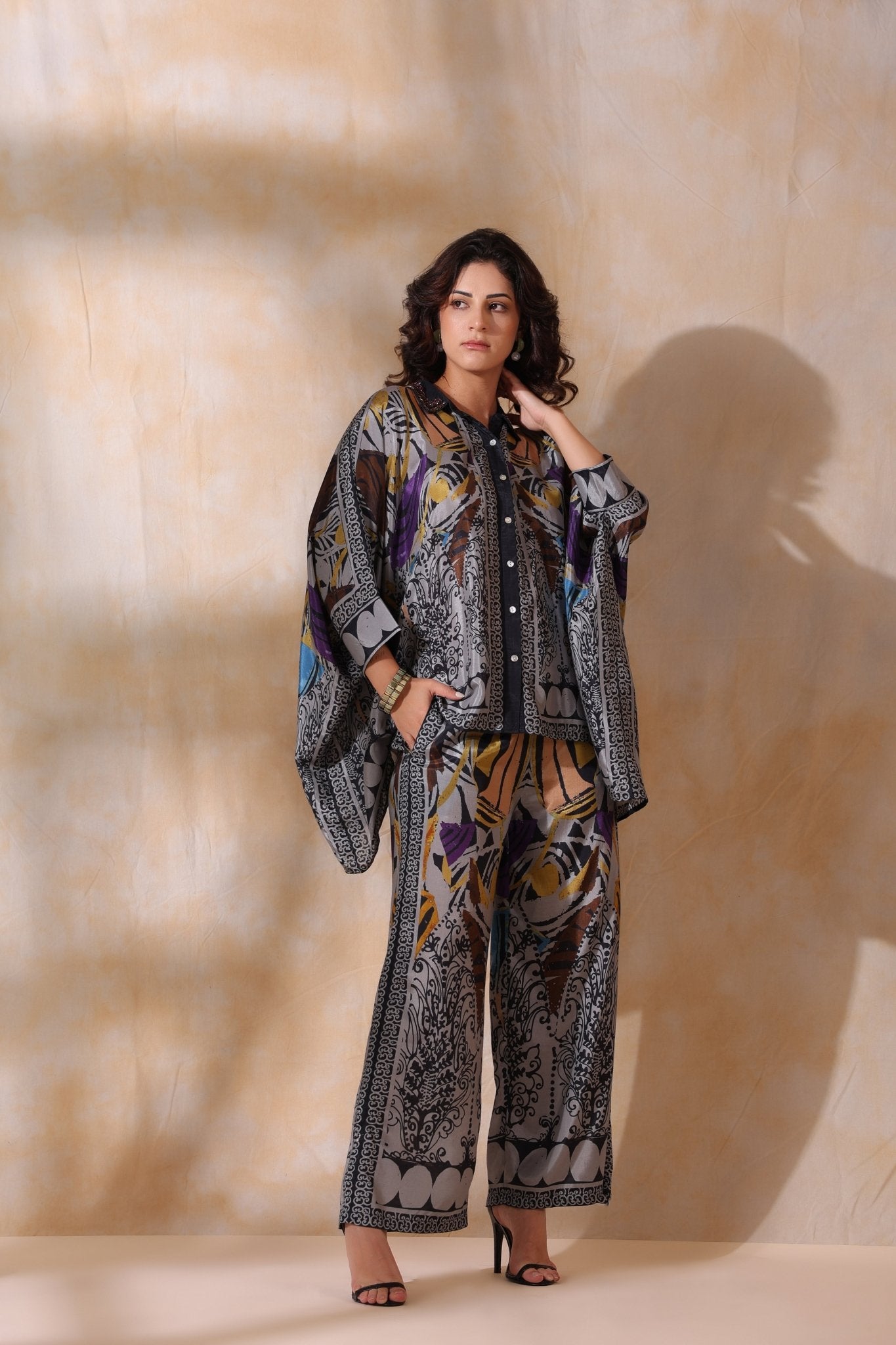 Women Grey Viscose Satin Floral Printed Co - Ord Set - Nyaro