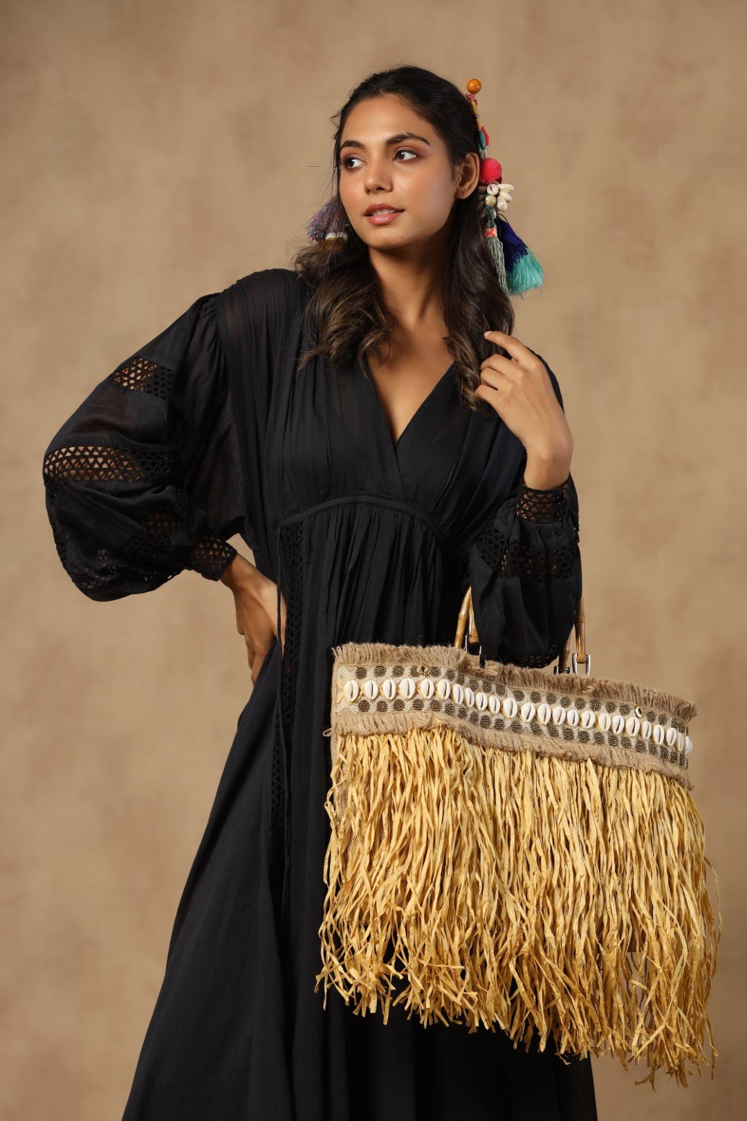 Women Handmade Jute Shoulder Hand Work Bag With Paper Thread Fringes - Nyaro