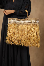 Women Handmade Jute Shoulder Hand Work Bag With Paper Thread Fringes - Nyaro
