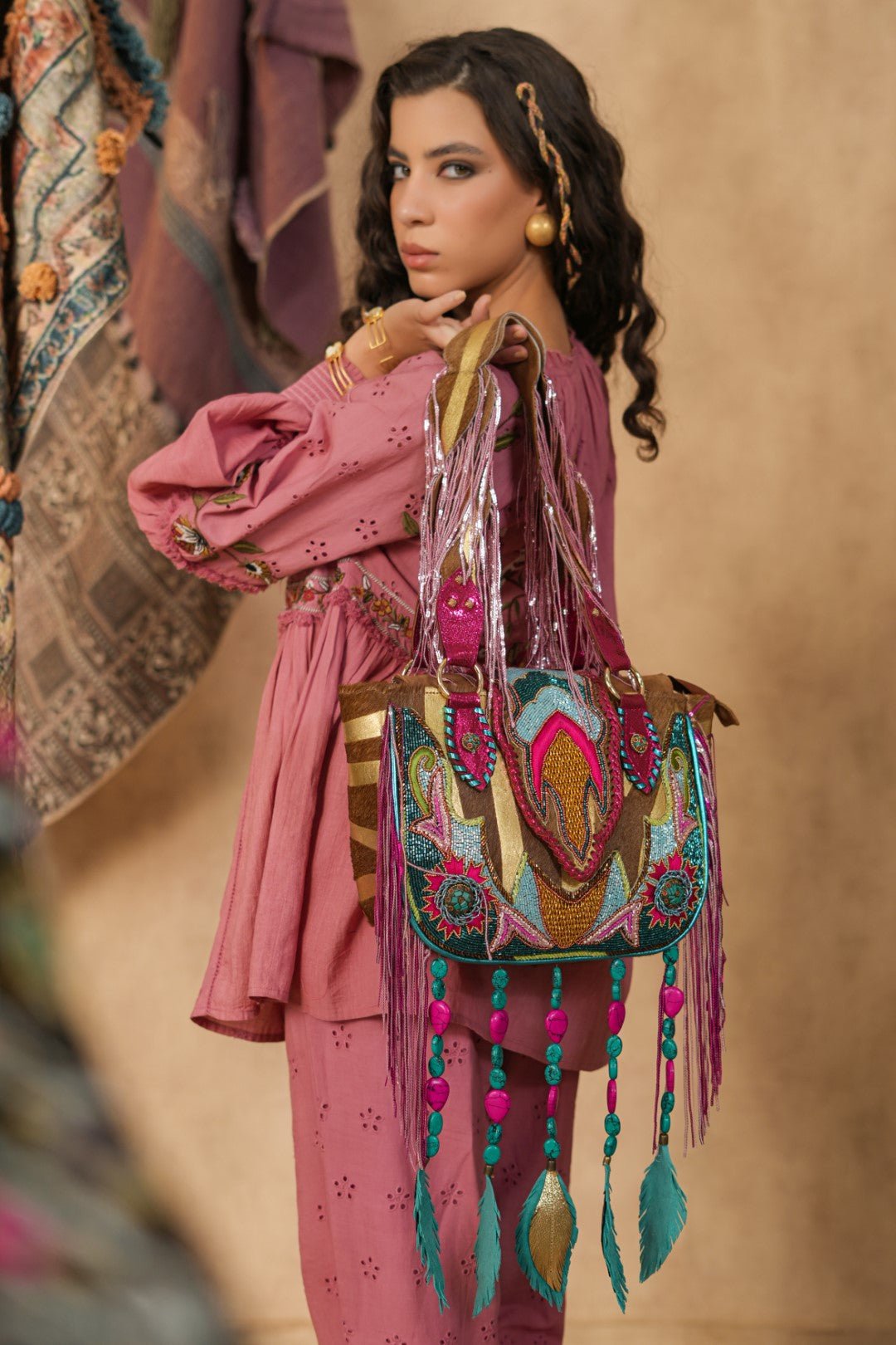 Women Handmade Leather Ethnic Beaded with Tassel Handbag - Nyaro