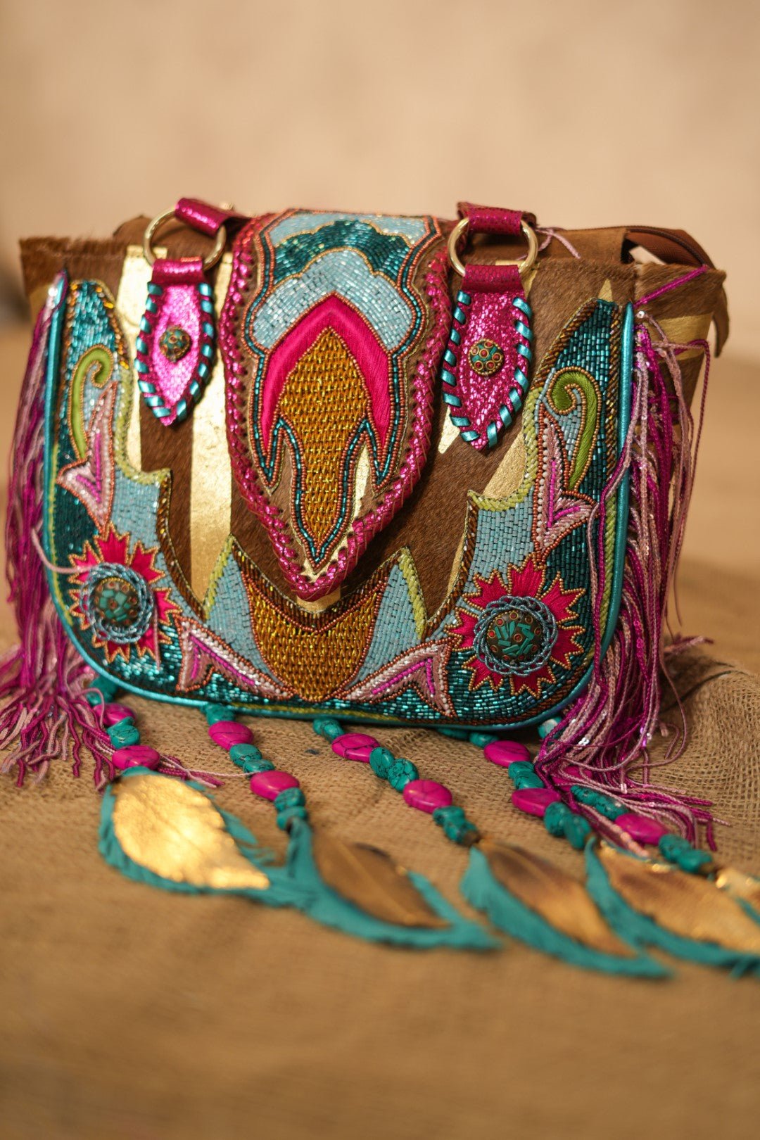 Women Handmade Leather Ethnic Beaded with Tassel Handbag - Nyaro