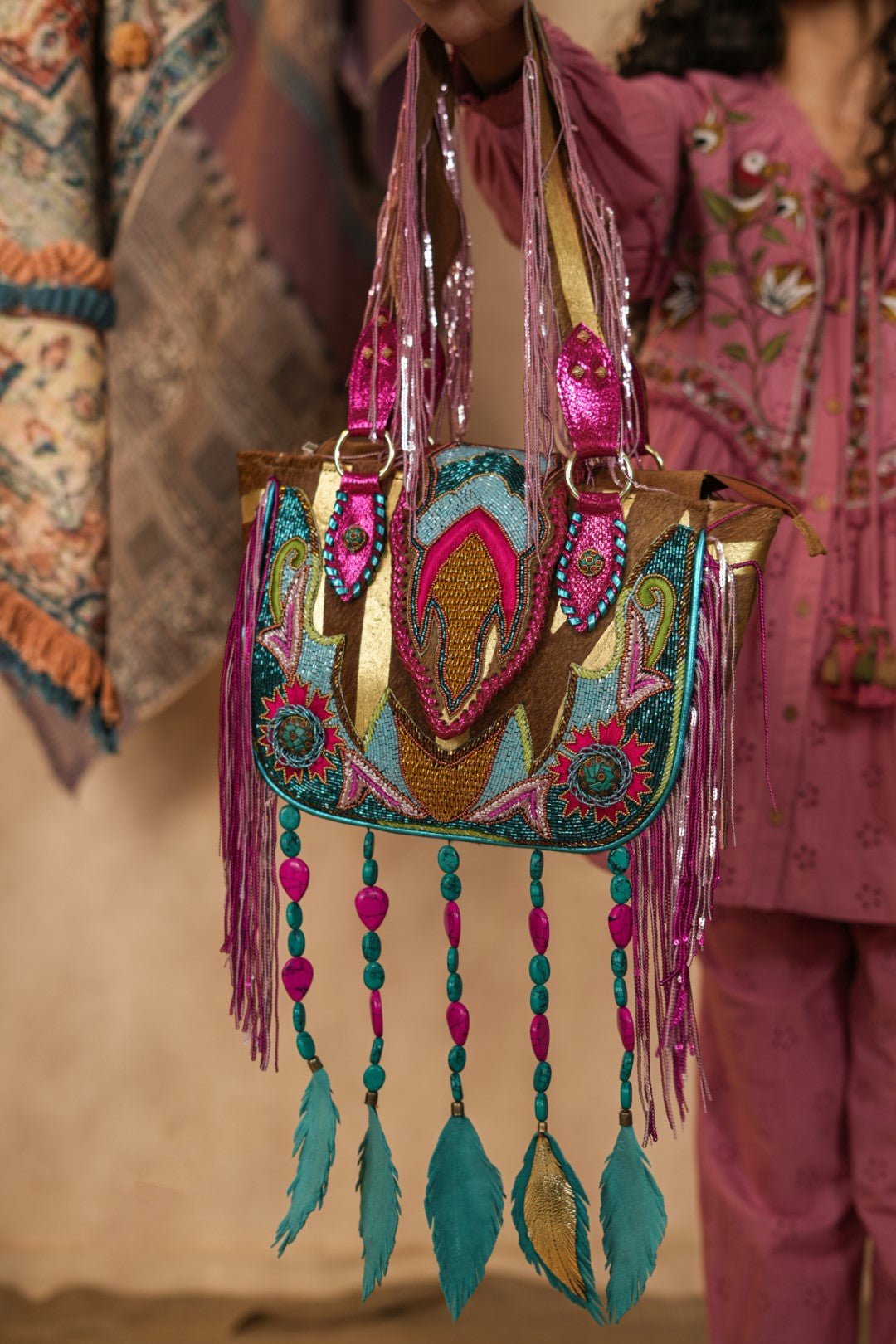 Women Handmade Leather Ethnic Beaded with Tassel Handbag - Nyaro