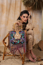 Women Handmade Leather Shoulder Bag With Decorative Fringes - Nyaro