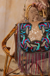Women Handmade Leather Shoulder Bag With Decorative Fringes - Nyaro
