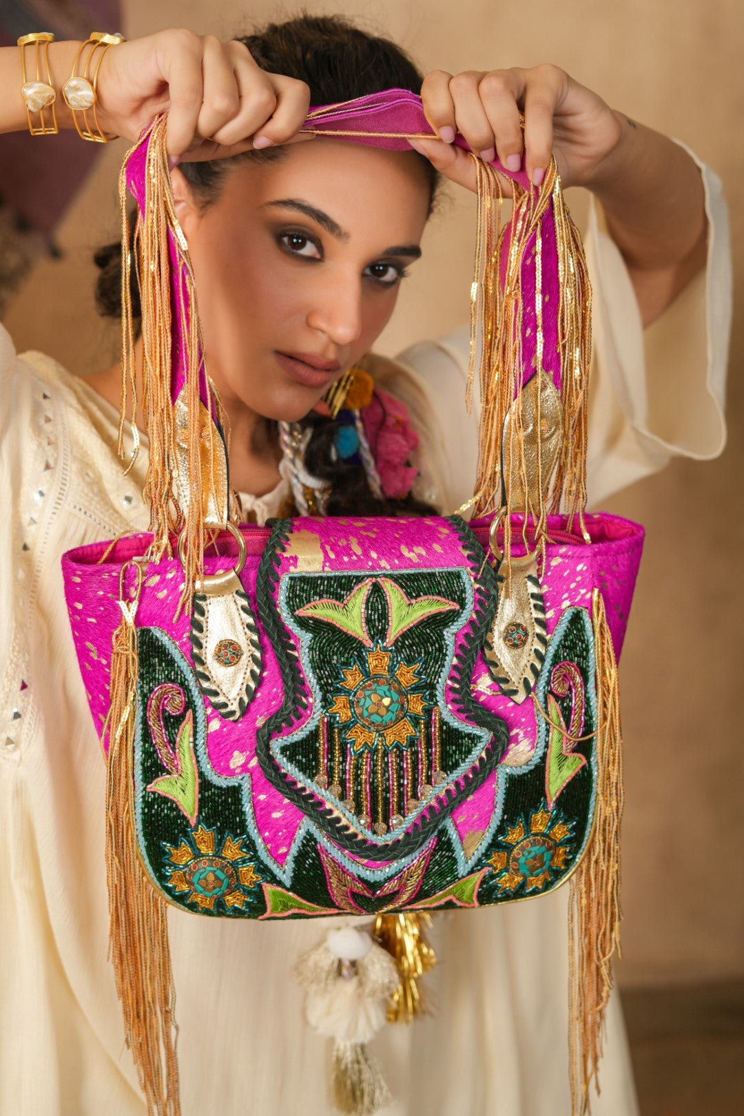Women Handmade Leather Shoulder Bag With Decorative Sequin Fringe - Nyaro