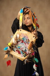Women Handmade Leather Shoulder Bag With Feather Fringes - Nyaro