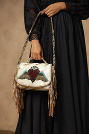 Women Handmade Leather Shoulder Bag With Leather Fringes - Nyaro