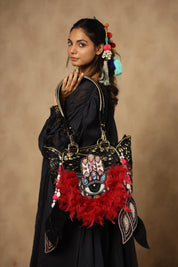Women Handmade Leather Shoulder Bag With Red Feather Fringes - Nyaro