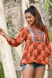 Women Moss Crepe Floral Printed with Beads Work Peplum Top - Nyaro