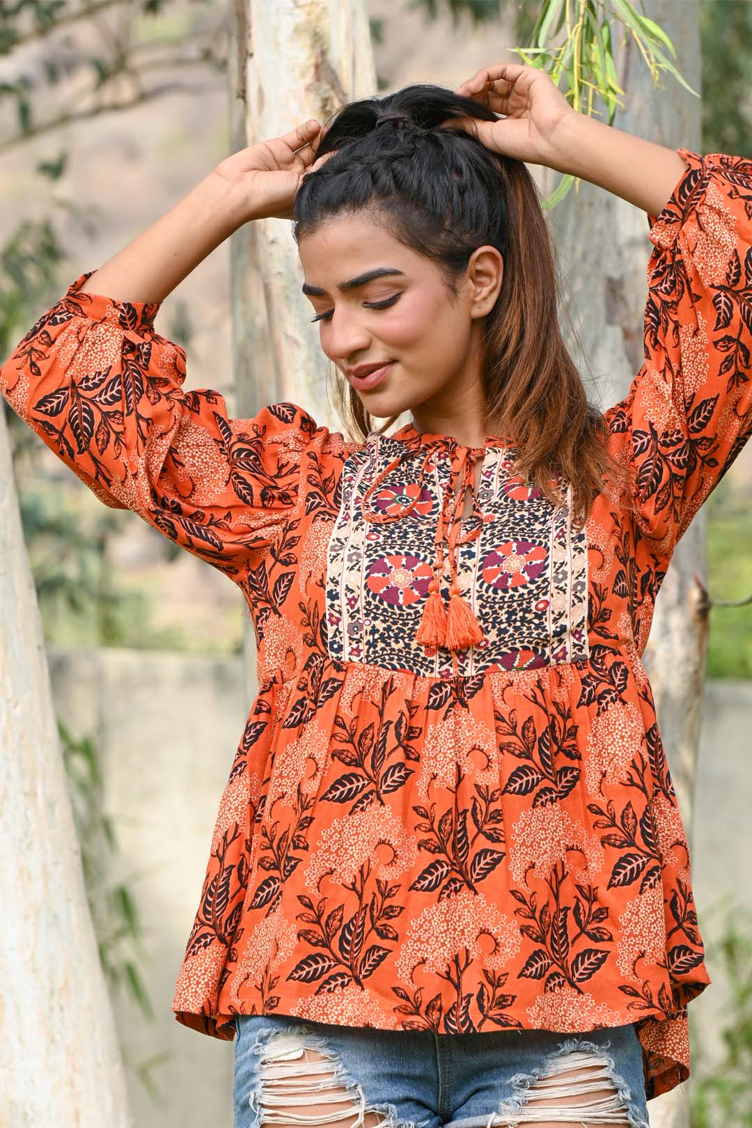 Women Moss Crepe Floral Printed with Beads Work Peplum Top - Nyaro