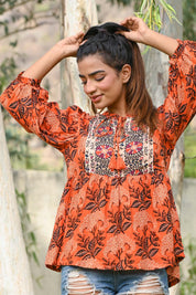 Women Moss Crepe Floral Printed with Beads Work Peplum Top - Nyaro