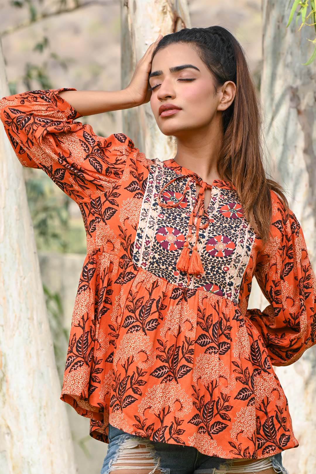 Women Moss Crepe Floral Printed with Beads Work Peplum Top - Nyaro