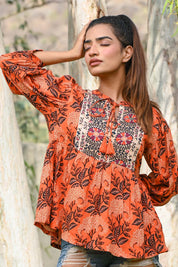 Women Moss Crepe Floral Printed with Beads Work Peplum Top - Nyaro