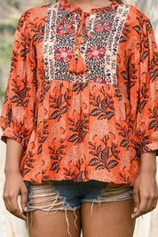 Women Moss Crepe Floral Printed with Beads Work Peplum Top - Nyaro