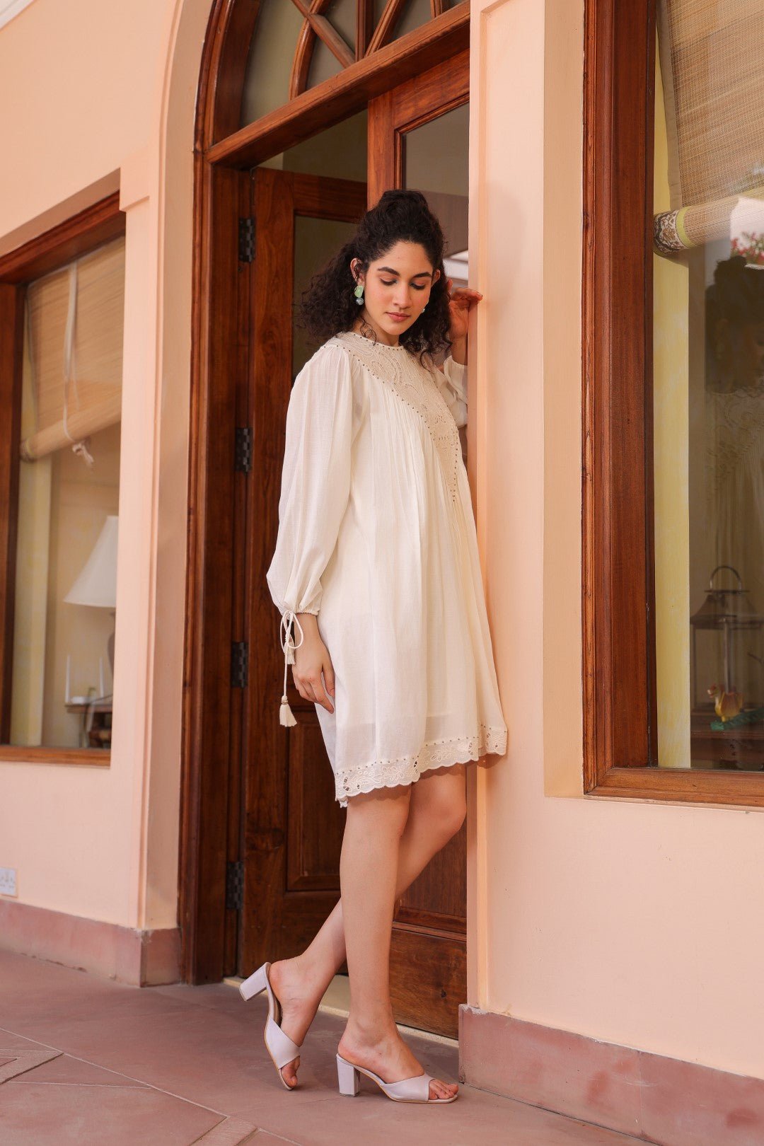 Women Off White Modal Satin Embroidered Beads Word Midi Dress - Nyaro