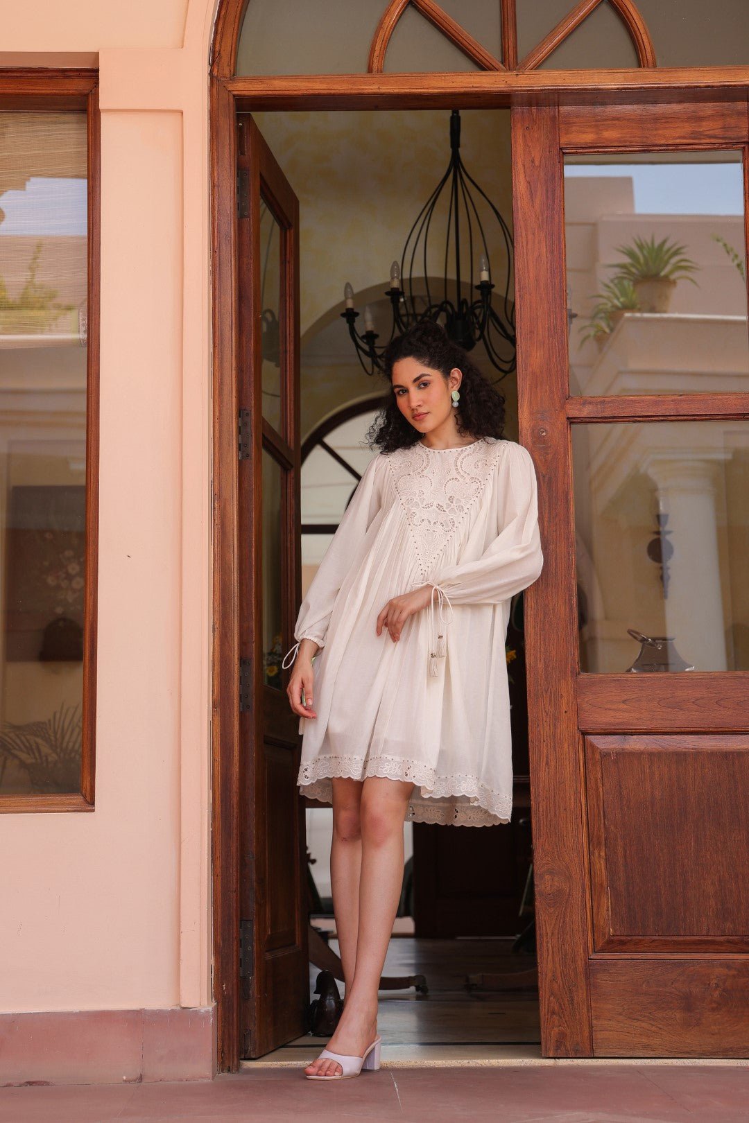 Women Off White Modal Satin Embroidered Beads Word Midi Dress - Nyaro