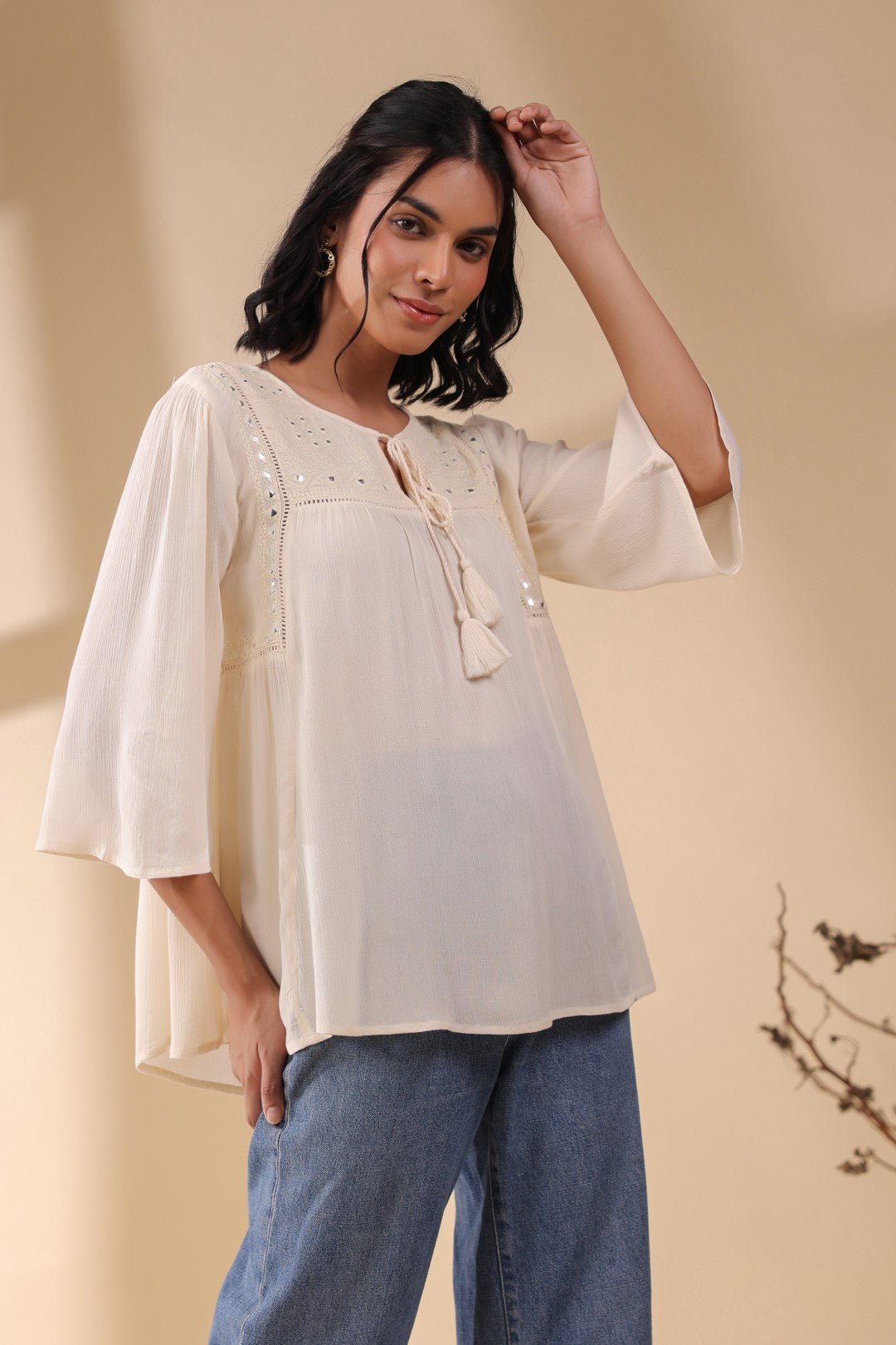 Women Rayon Crepe Beige Mirror Work Embroidered Peplum Top - Nyaro