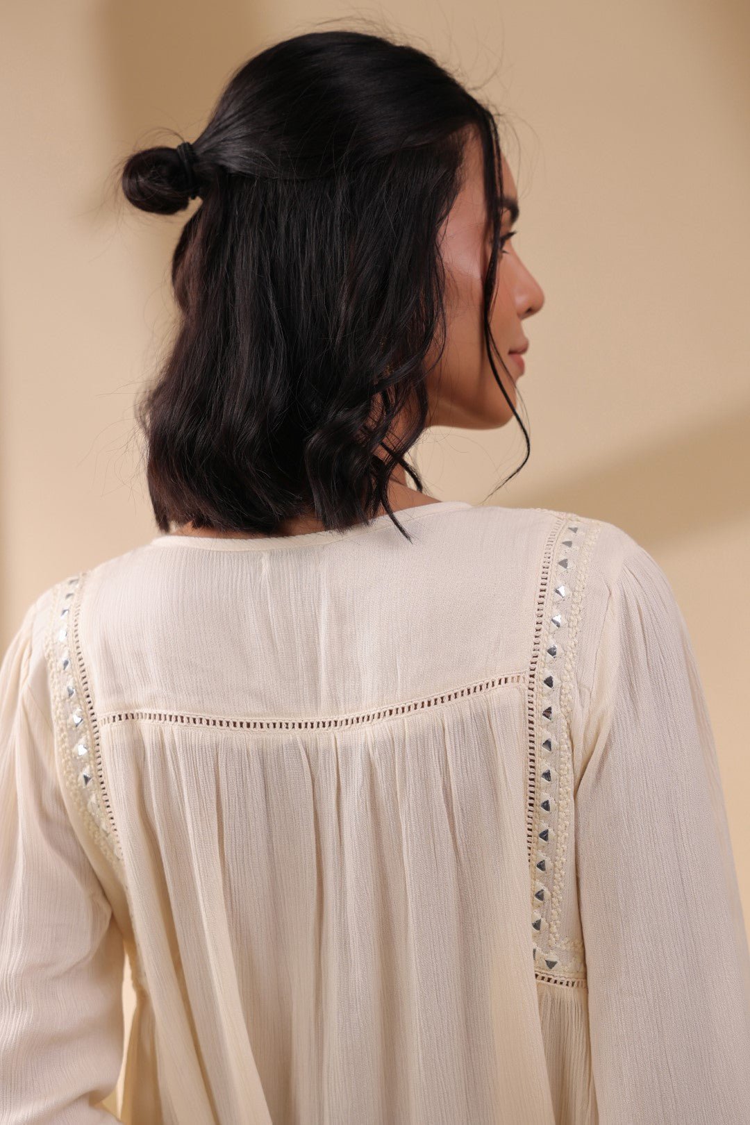 Women Rayon Crepe Beige Mirror Work Embroidered Peplum Top - Nyaro