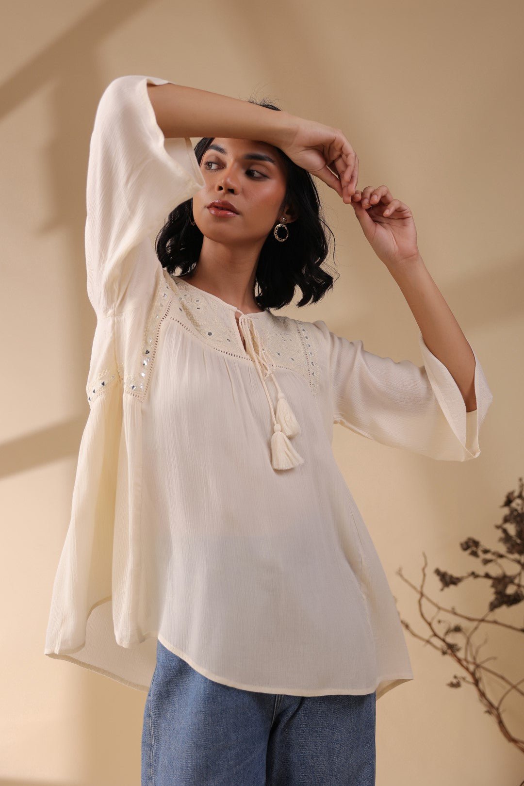 Women Rayon Crepe Beige Mirror Work Embroidered Peplum Top - Nyaro