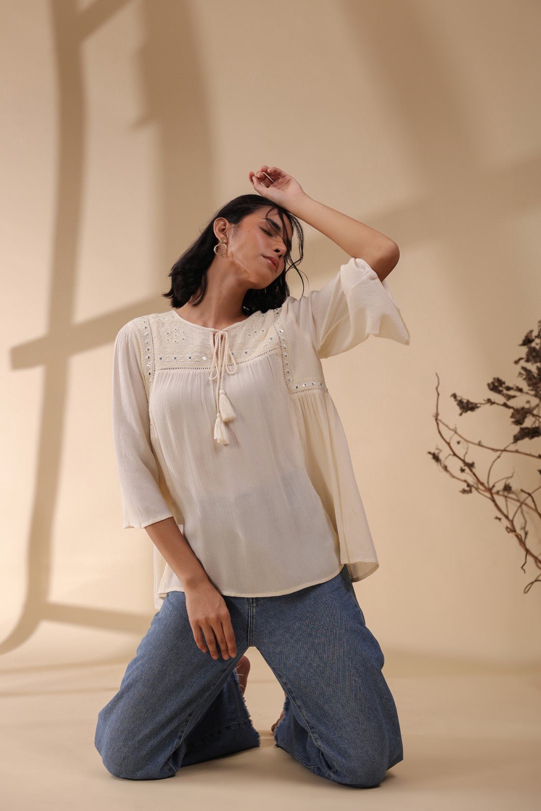 Women Rayon Crepe Beige Mirror Work Embroidered Peplum Top - Nyaro