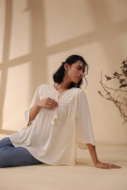 Women Rayon Crepe Beige Mirror Work Embroidered Peplum Top - Nyaro