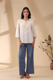 Women Rayon Crepe Beige Mirror Work Embroidered Peplum Top - Nyaro