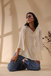 Women Rayon Crepe Beige Mirror Work Embroidered Peplum Top - Nyaro