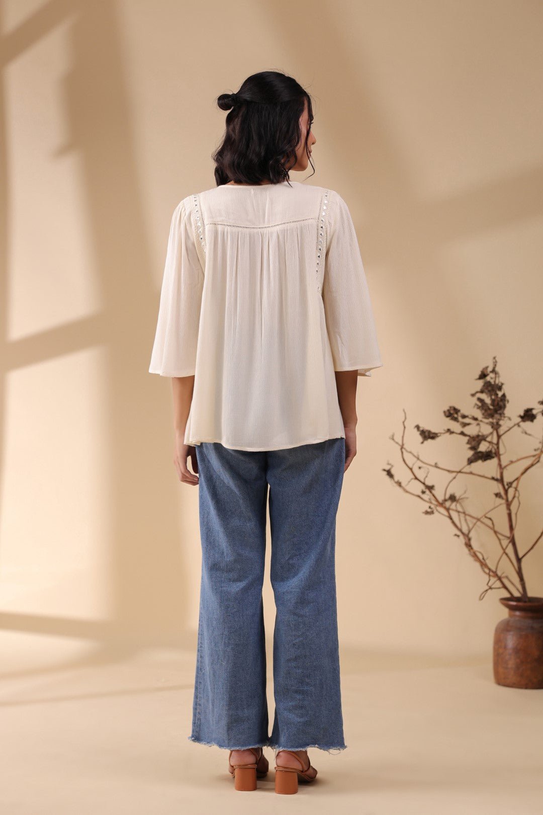 Women Rayon Crepe Beige Mirror Work Embroidered Peplum Top - Nyaro