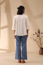 Women Rayon Crepe Beige Mirror Work Embroidered Peplum Top - Nyaro