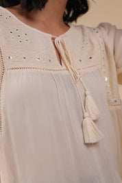 Women Rayon Crepe Beige Mirror Work Embroidered Peplum Top - Nyaro