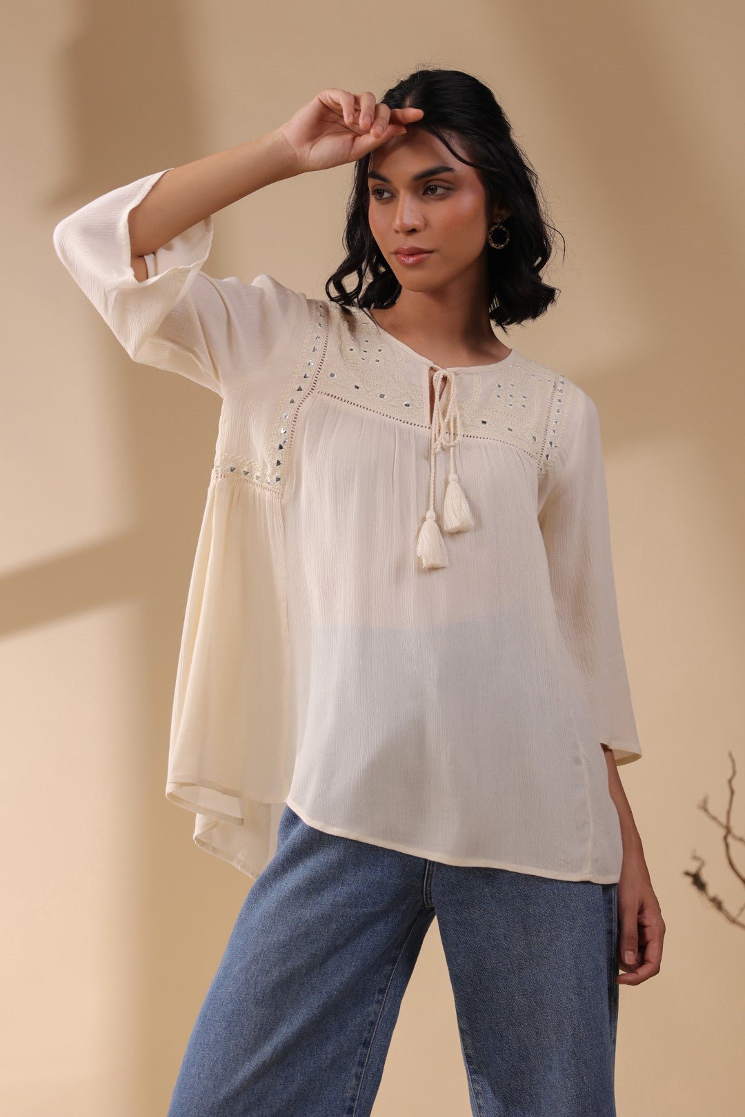 Women Rayon Crepe Beige Mirror Work Embroidered Peplum Top - Nyaro