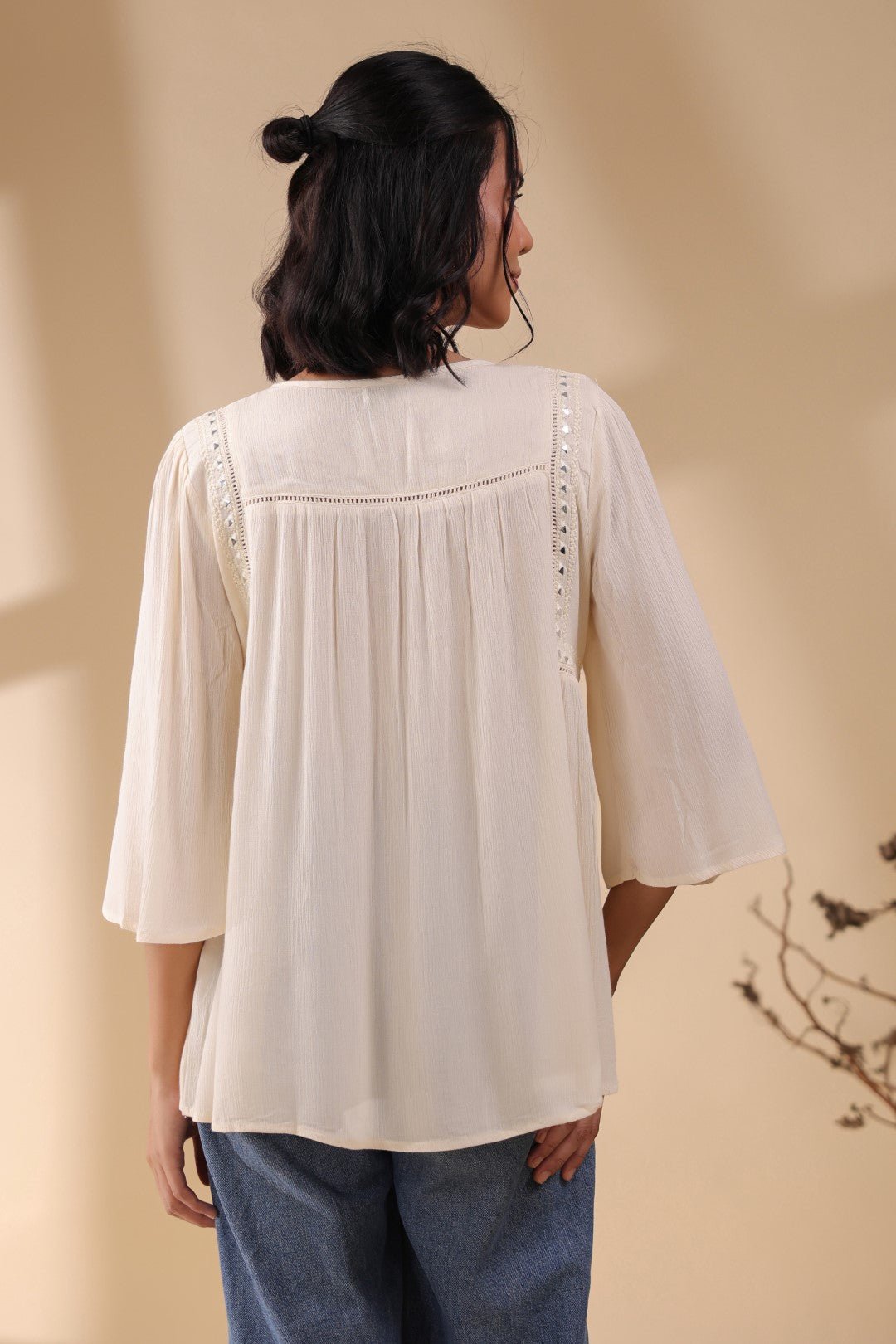 Women Rayon Crepe Beige Mirror Work Embroidered Peplum Top - Nyaro