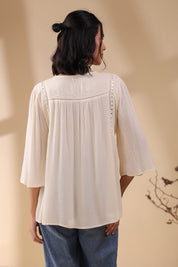 Women Rayon Crepe Beige Mirror Work Embroidered Peplum Top - Nyaro